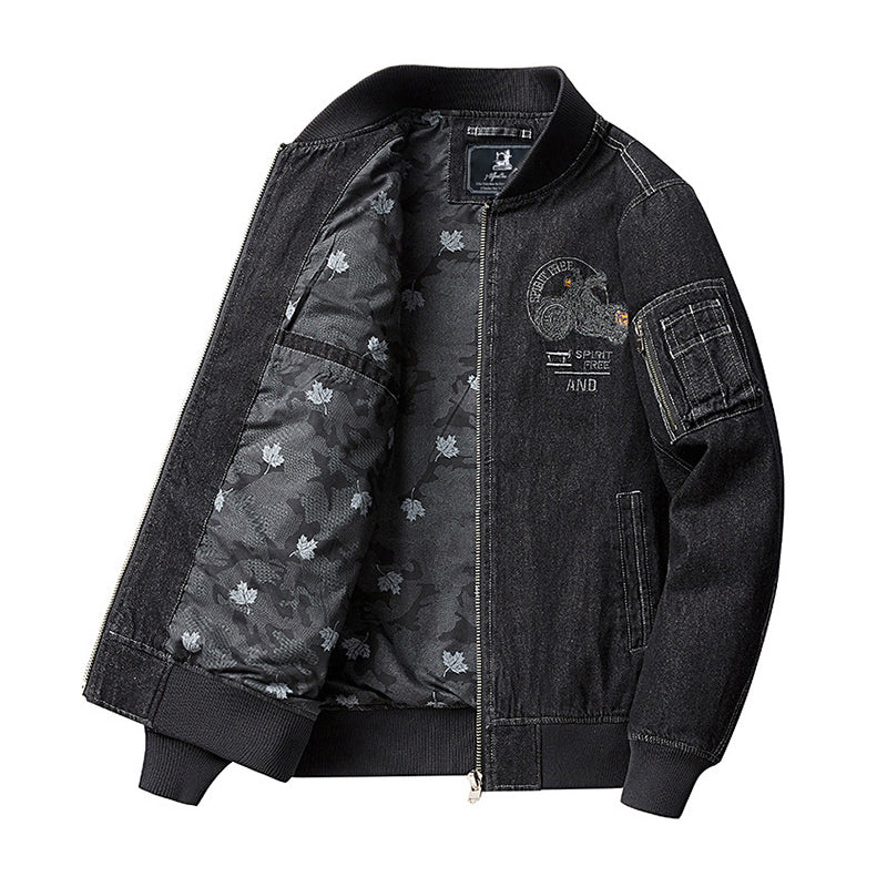 Distressed denim flight jacket with a maple leaf pattern on the back and motorcycle embroidery