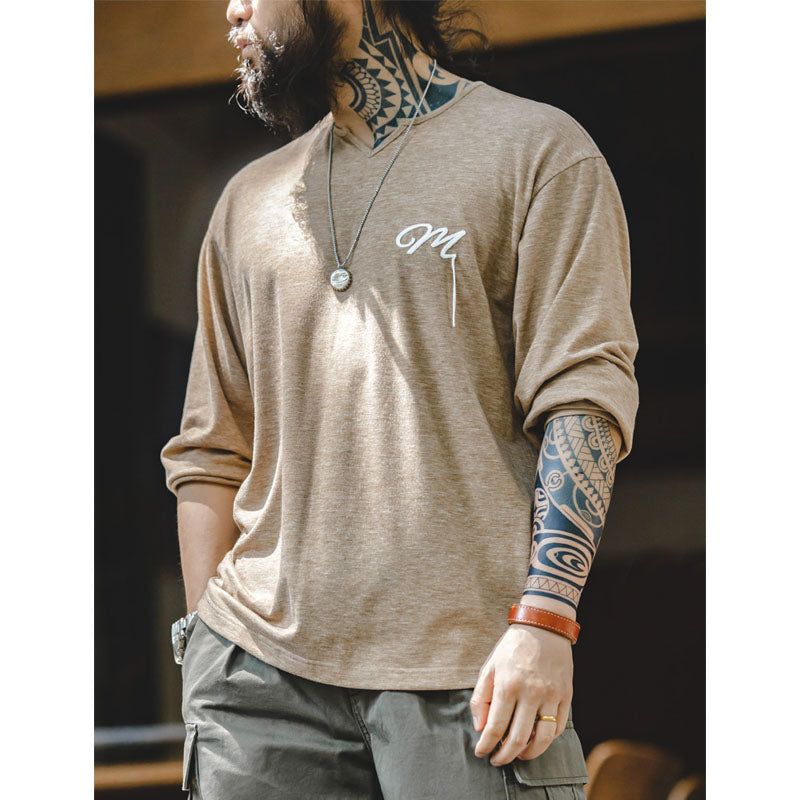 New for Fall! American Casual Embroidered V-Neck Long Sleeve T-Shirt