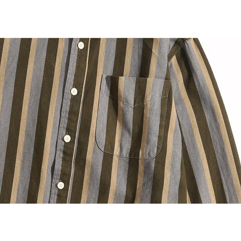 Retro color-block striped cotton long-sleeved shirt