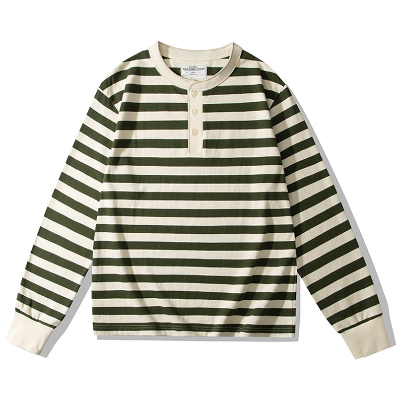 Striped Henley neck long sleeve tee