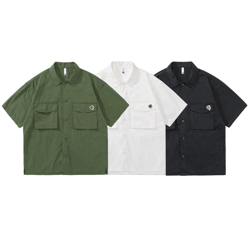 Retro cotton multi-pocket work short-sleeved shirt