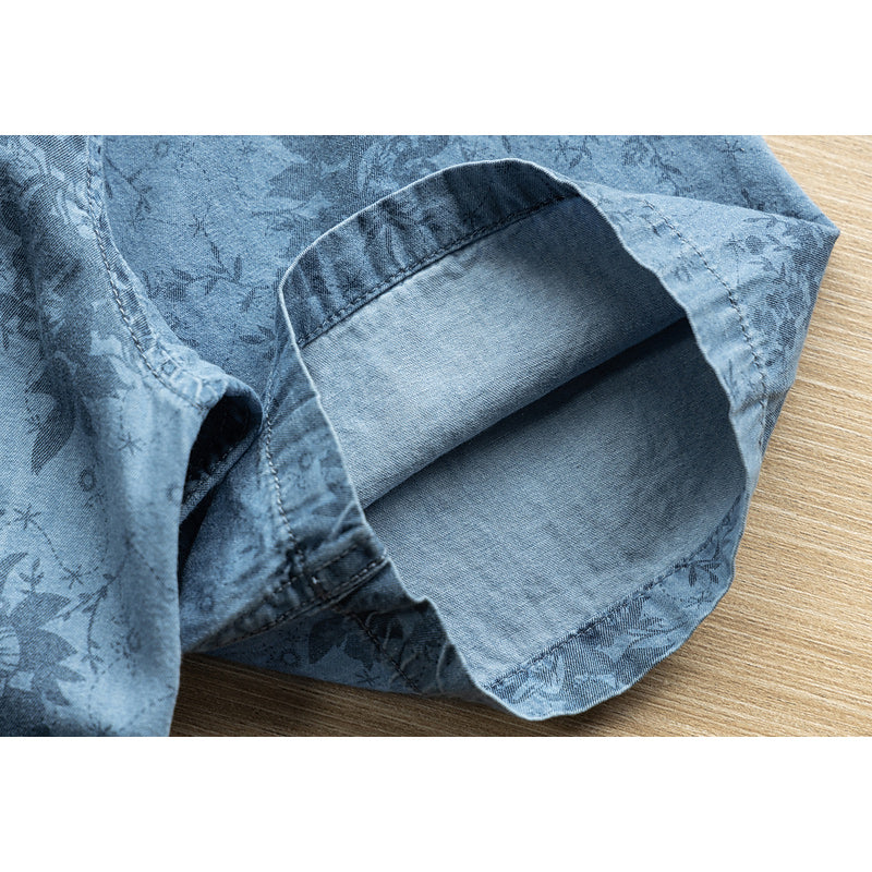Denim blue all-over print short-sleeved shirt