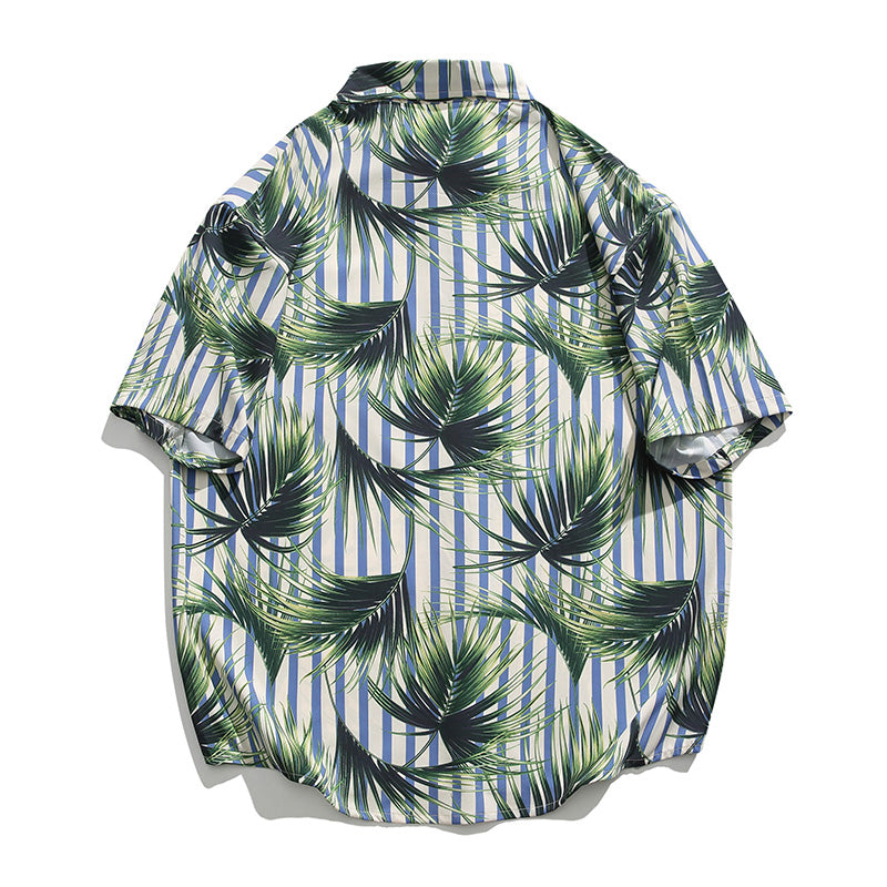 Striped Leaf Print Short Sleeve Aloha Shirt