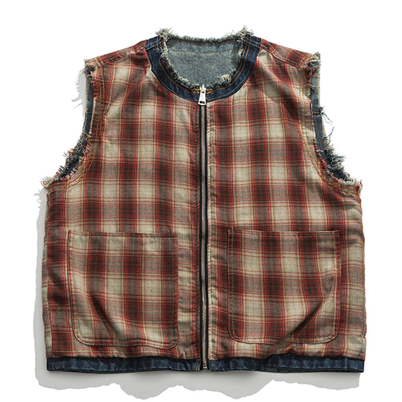 Reversible denim and check pattern 2-way vest