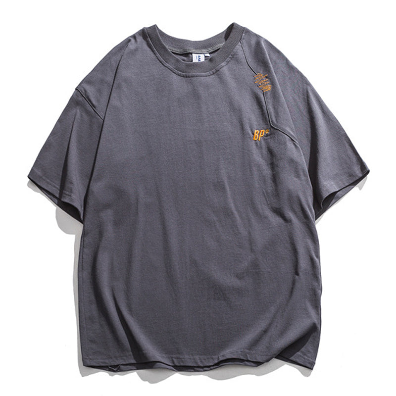 刺繡入り 不規則ステッチコットンTシャツ