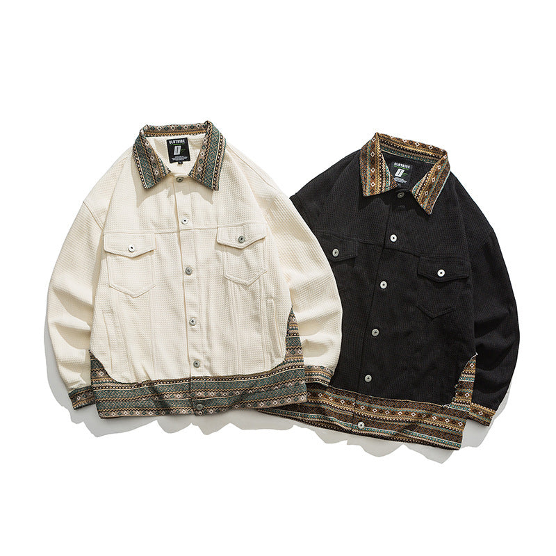 Jacquard patchwork ethnic waffle jacket