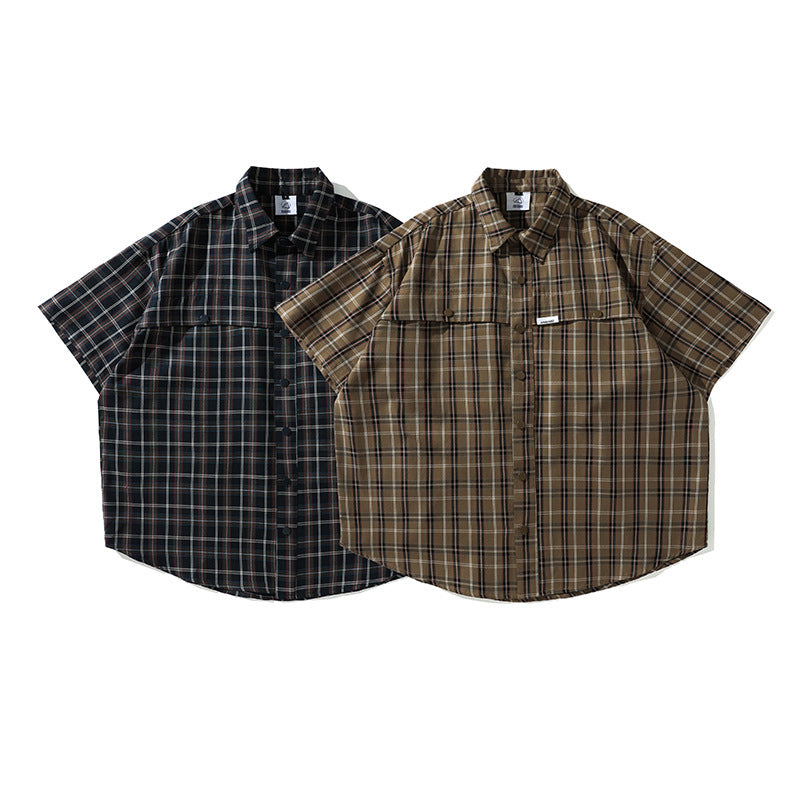 Tartan check short-sleeved shirt with dot buttons
