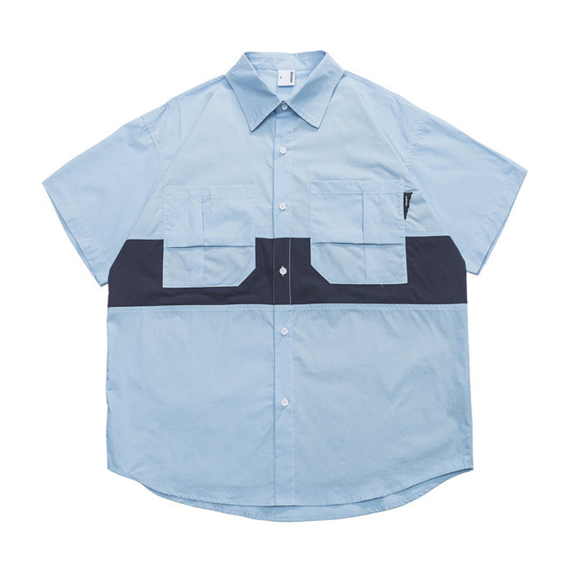Color-blocked short-sleeved work shirt