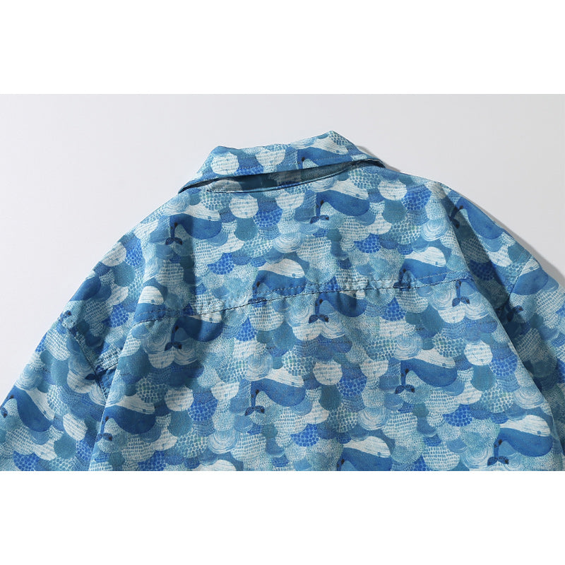 Hawaiian Ocean Wave Whale Print Aloha Shirt