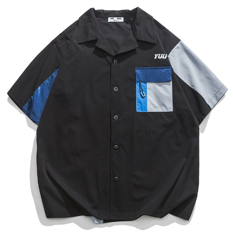 Fashion Cuban neck color combination short sleeve shirt