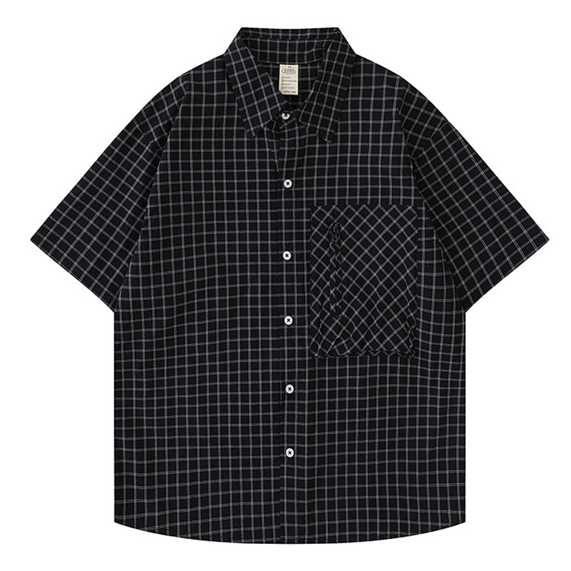 Classic zipper pocket check pattern short sleeve shirt