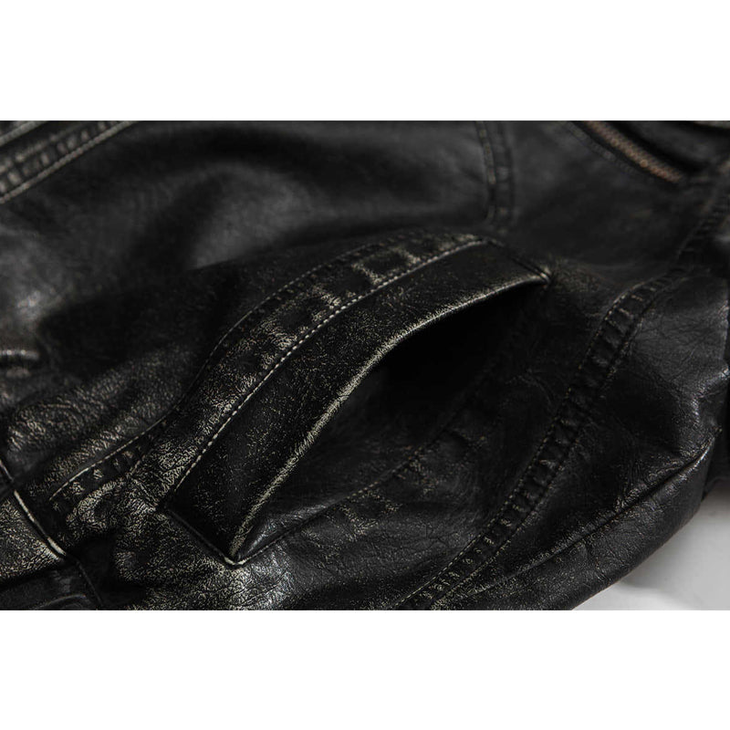 Retro stand-collar distressed motorcycle jacket