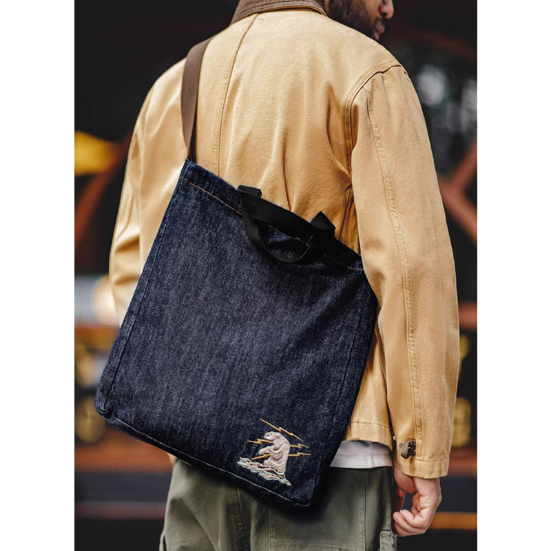 横須賀風シロクマ刺繍入り 2way手提げ可能ショルダーデニムバッグ