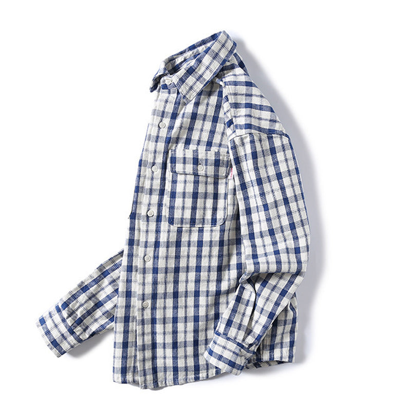 INS popular classic check pattern pocket long sleeve shirt