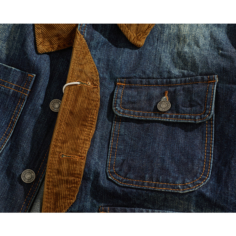 Corduroy-trimmed washed denim jacket