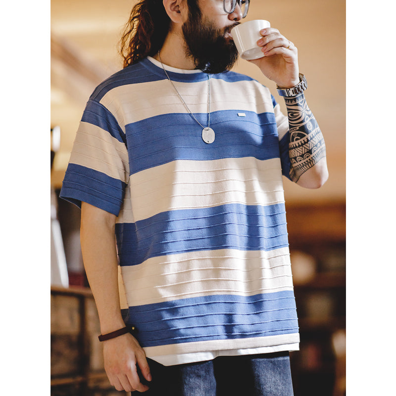 "3D-STRIPE" Border Pattern Linen-Like Knit Tee