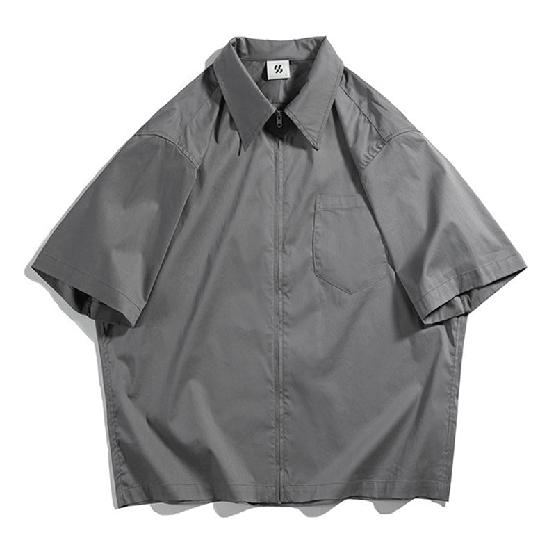 Retro Zipper Solid Work Short Sleeve Shirt