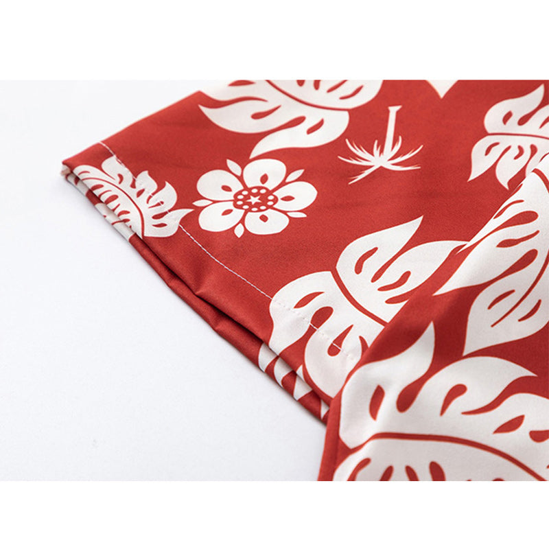 A must-see for fashion! Red leaf print short-sleeved shirt