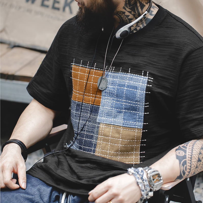 Irregular patchwork cotton tee with sashiko stitching