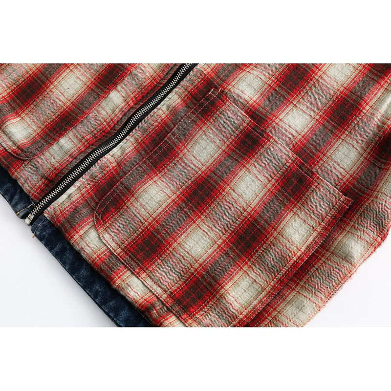 Reversible denim and check pattern 2-way vest