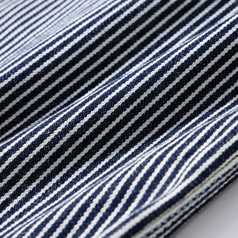 Multi-pocket work pants available in two styles: raw denim and striped denim