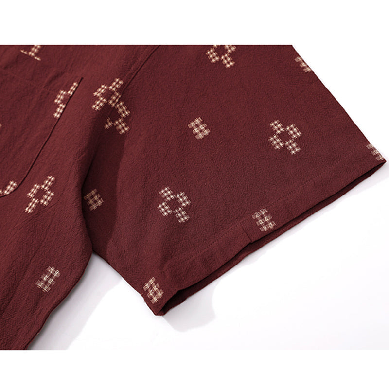 Sashiko-style jacquard cotton-linen short-sleeved shirt
