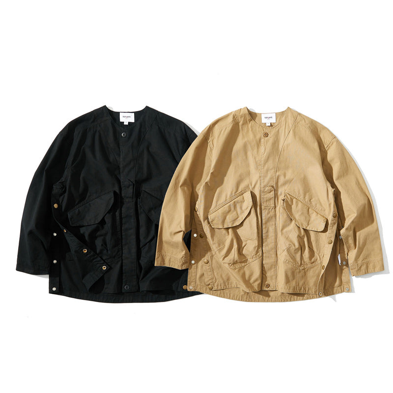 Luxurious V-neck plain functional pocket jacket