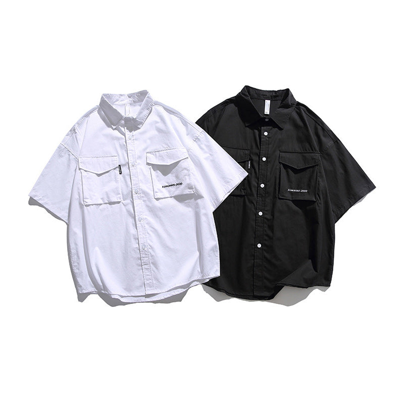 Retro functional large pocket plain work short sleeve shirt
