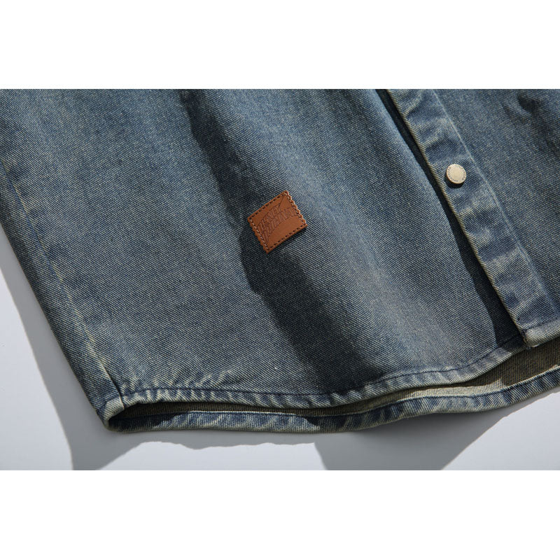 Ethnic jacquard elbow patch denim work shirt