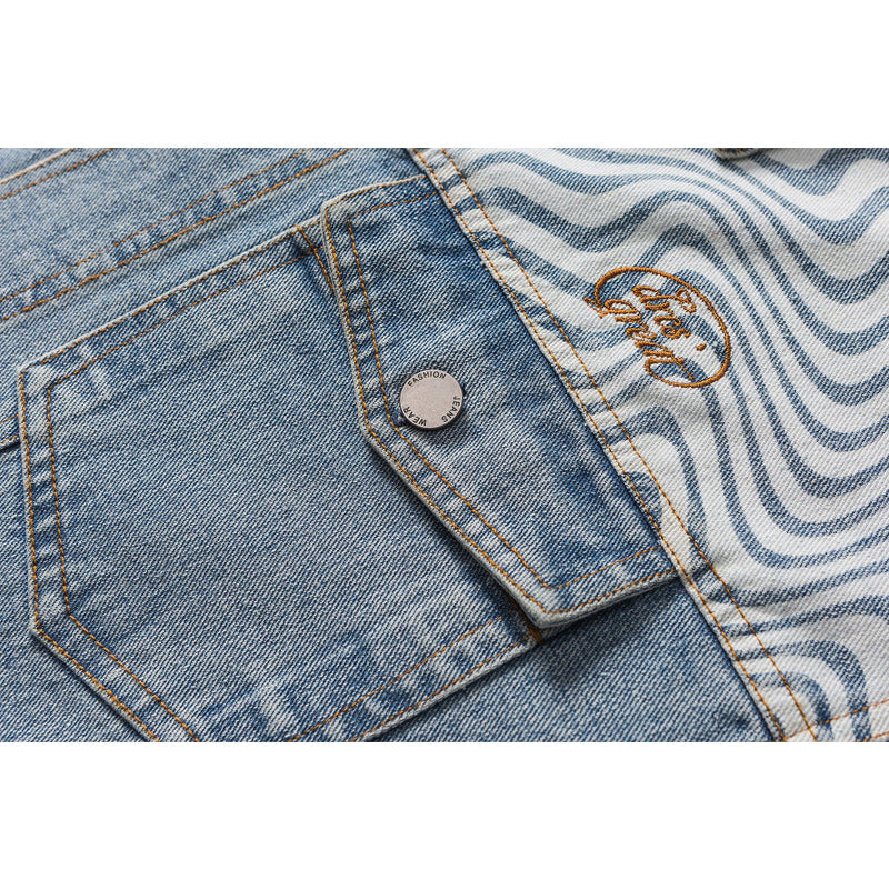 Denim Ripple Wash Patchwork Denim Jacket
