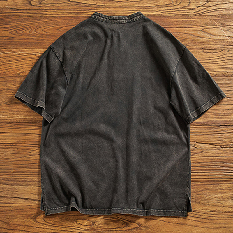 夏新作無地ハーフジップ ウォッシュ加工コットンTシャツ