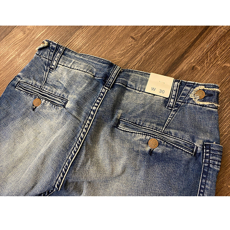 Distressed washed denim shorts