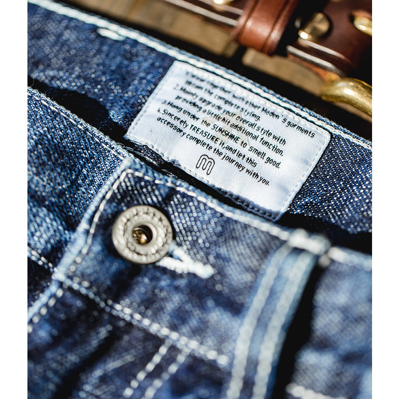Straight slub denim pants with back cinch