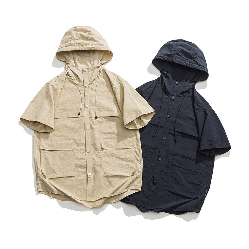 "Play Outside!" Hooded short-sleeved shirt with functional pockets