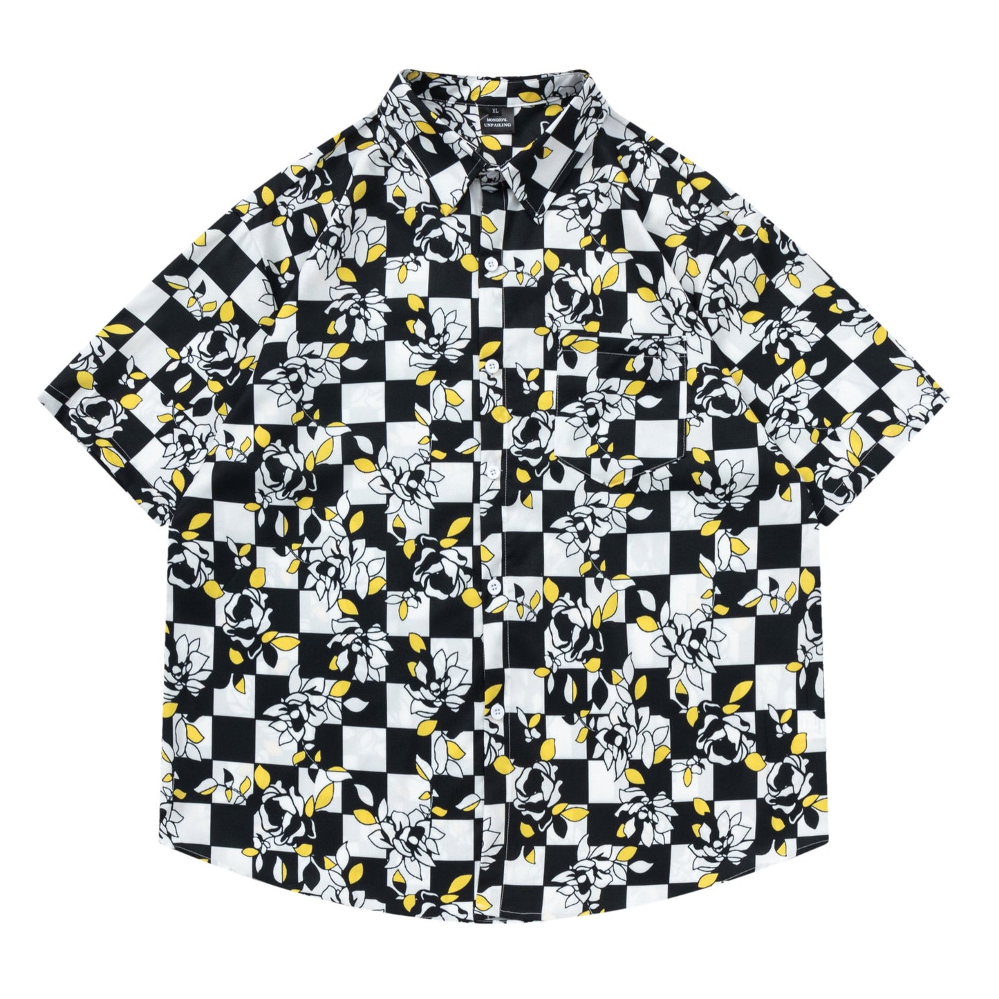 Classic black and white checkered print short-sleeved shirt