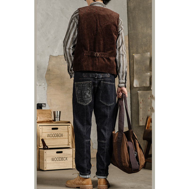 American casual cashew nut floral print tapered denim pants