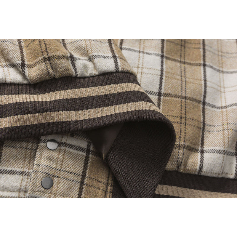 Checkered and leather combination college varsity jacket