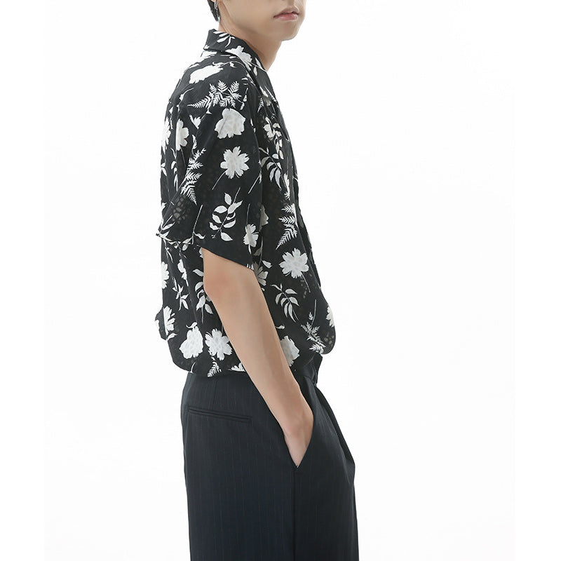 Retro folded neck floral short sleeve shirt