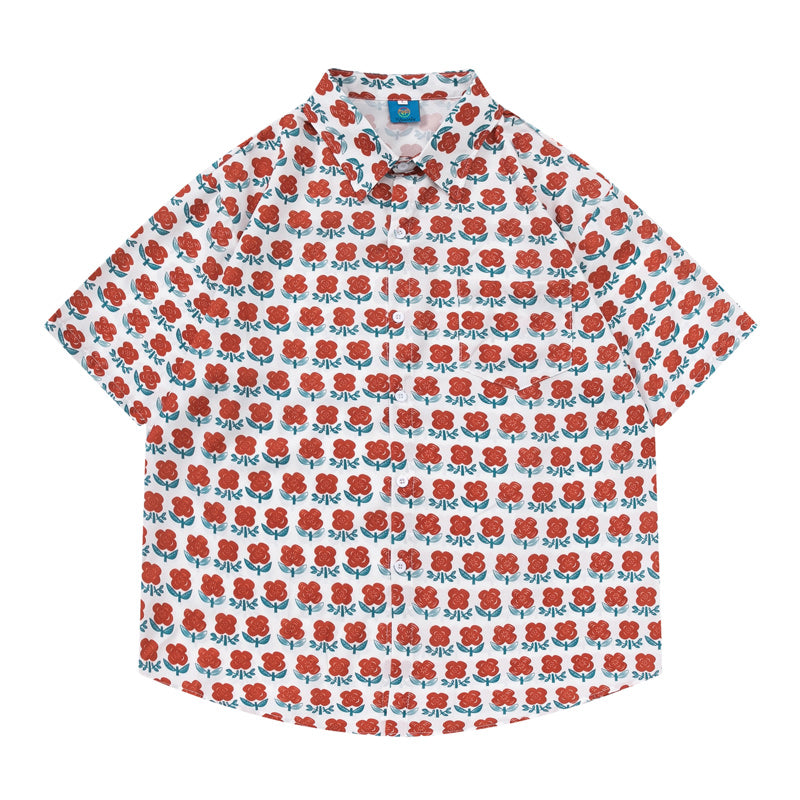 Full-bloom red flower print short-sleeved Hawaiian shirt