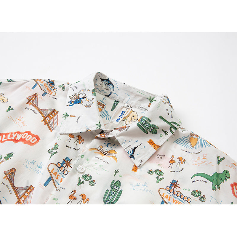Retro Cartoon Print Hawaiian Short Sleeve Shirt