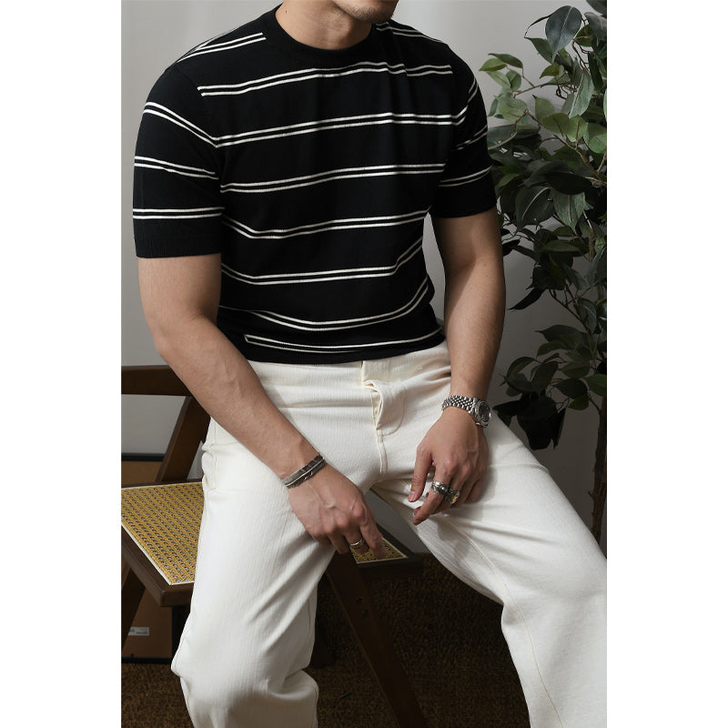 Classic horizontal striped high-quality knit T-shirt for commuting