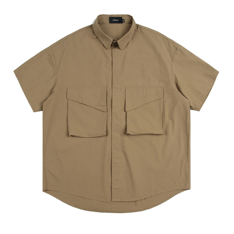 Three-color solid functional pocket work short-sleeved shirt