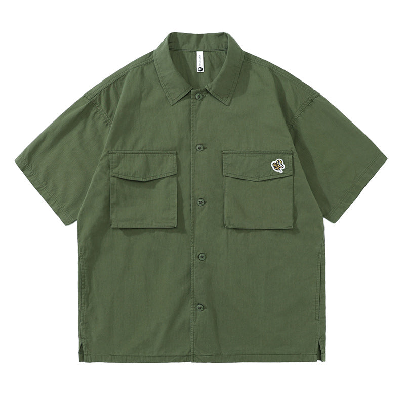Retro cotton multi-pocket work short-sleeved shirt