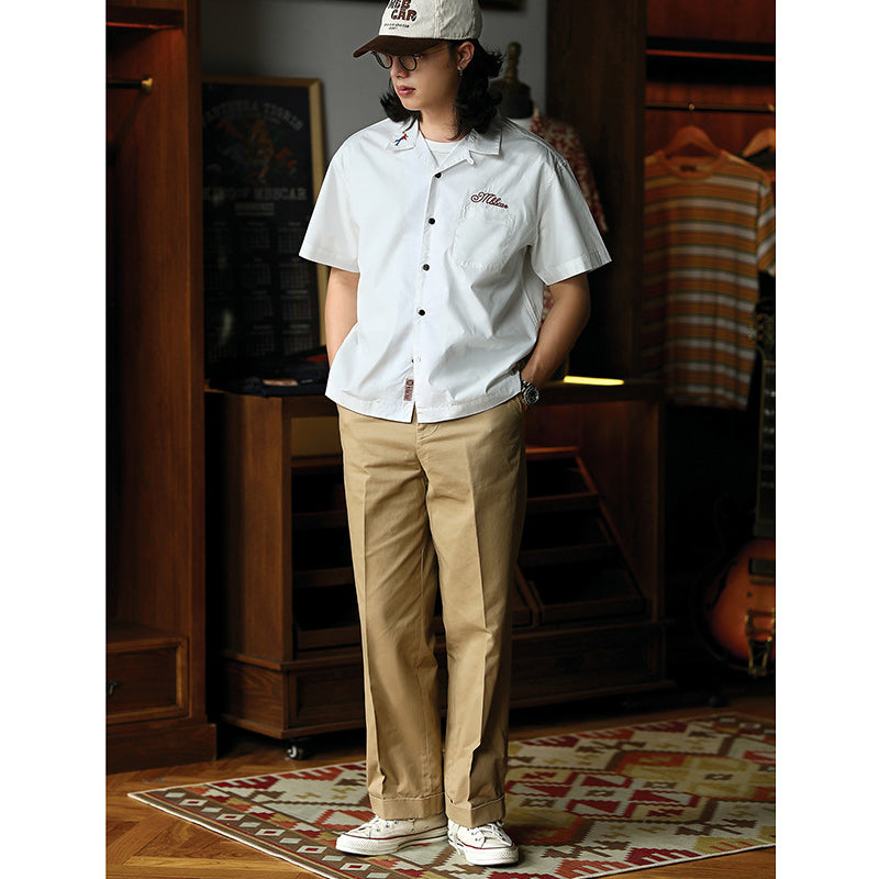 Chain Retro Embroidered Bowling Short Sleeve Open Collar Shirt