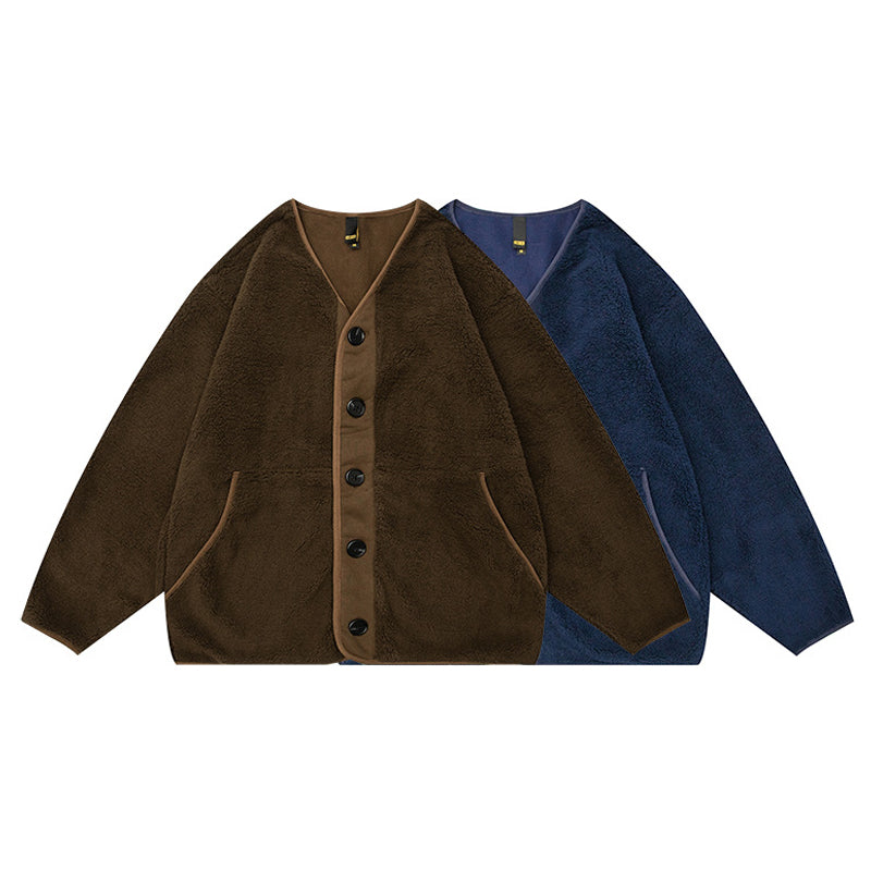 No-collar base, loose-fitting, warm fleece jacket