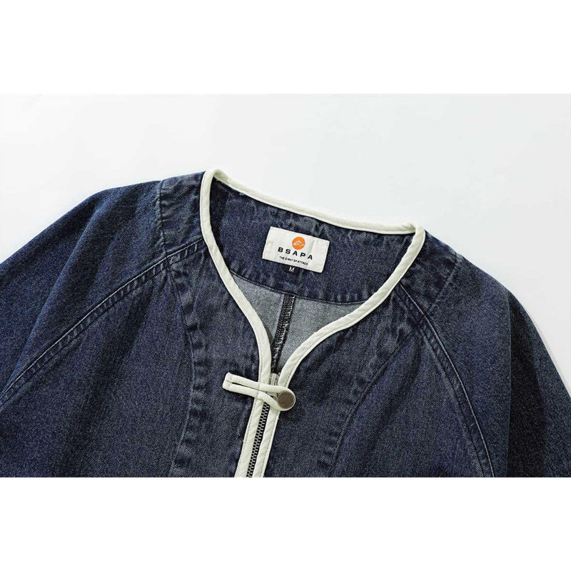 Chinese Button & Zip Collarless Denim Jacket