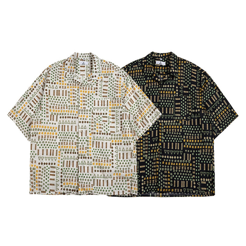 Cuban collar ethnic print short sleeve shirt