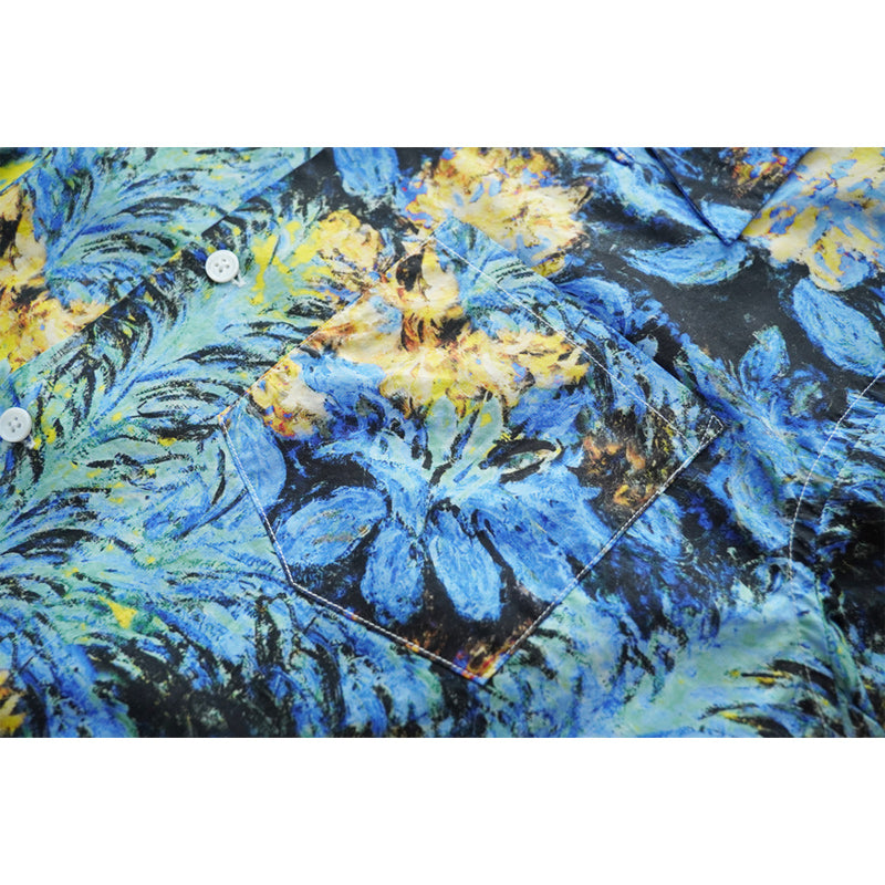 HAWAII ALOHA "Phantom Blue Flowers" Oil Painting Aloha Shirt