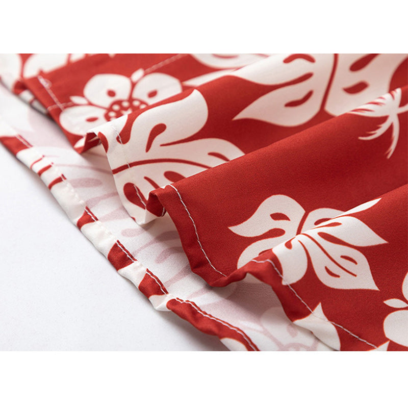 A must-see for fashion! Red leaf print short-sleeved shirt