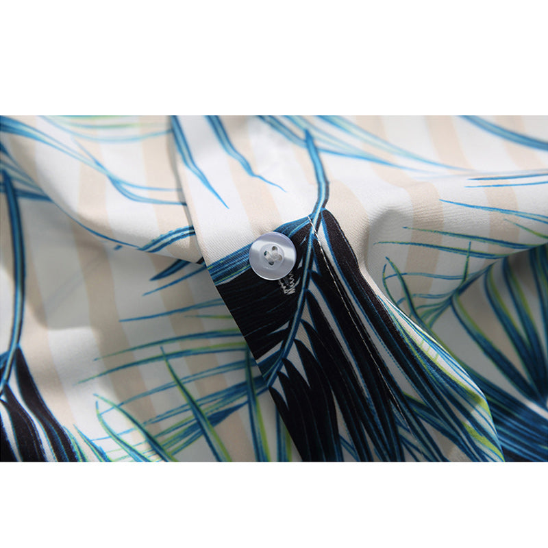 Striped Leaf Print Short Sleeve Aloha Shirt